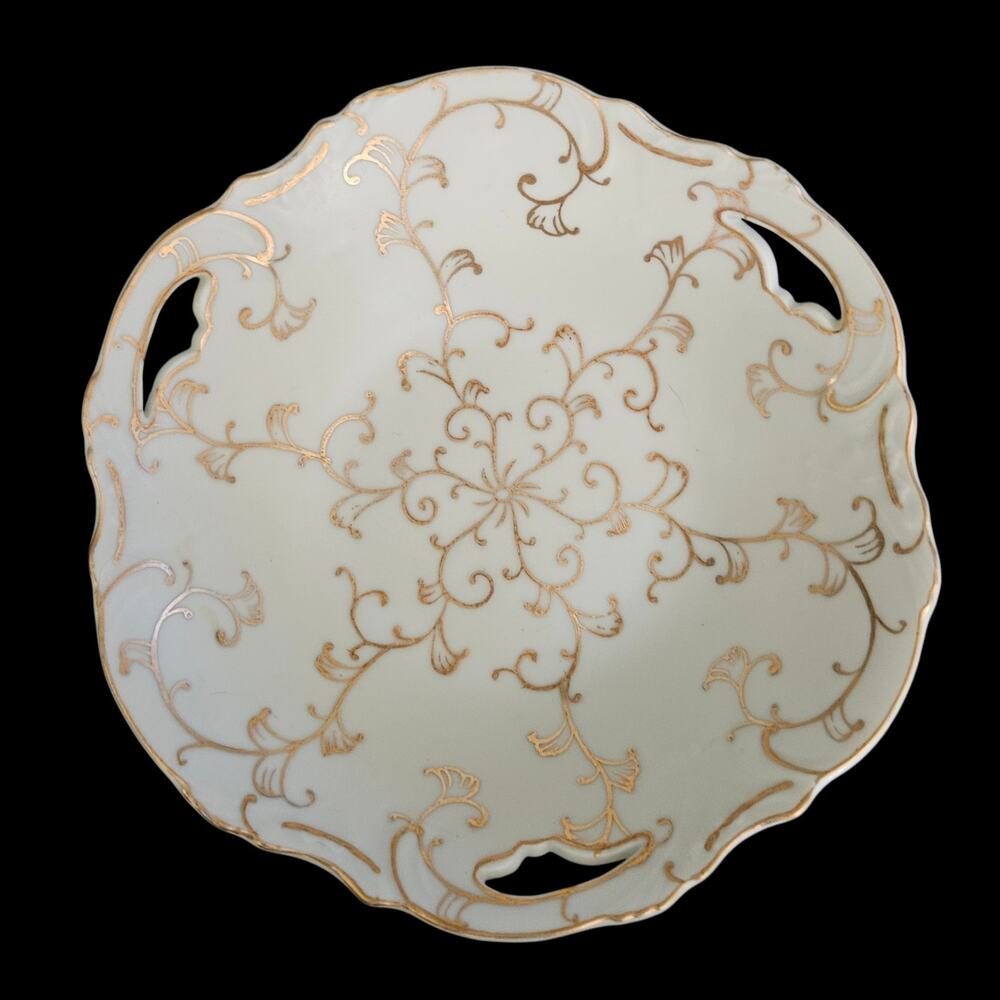 Antique Porcelain Decorative Bowl Gold Floral Scroll Pierced Handles Wall Hanger